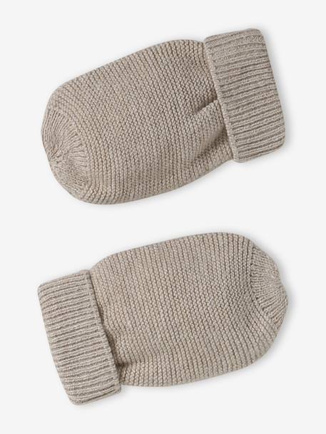 Ensemble naissance bonnet, moufles et chaussons et son pochon personnalisable beige chiné+blanc - vertbaudet enfant 