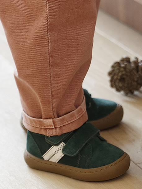 Mid-top fur-lined leather trainers with touch 'n' close fastening for babies camel+green+navy blue - vertbaudet enfant 