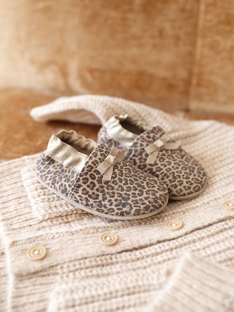 Chaussons élastiqués en cuir souple bébé beige imprimé+rose pâle - vertbaudet enfant 