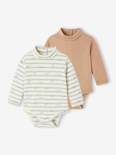 Pack of 2 Bodysuits in Interlock, 1 Striped + 1 Plain, for Newborns beige - vertbaudet enfant 