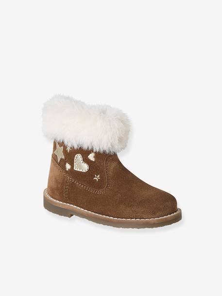 Fur-Lined Zip Leather Boots for Girls brown - vertbaudet enfant 