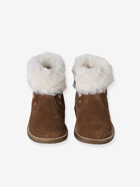 Fur-Lined Zip Leather Boots for Girls brown - vertbaudet enfant 