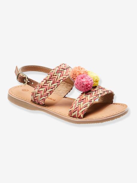 Leather Sandals with Pompons for Girls Pink - vertbaudet enfant 