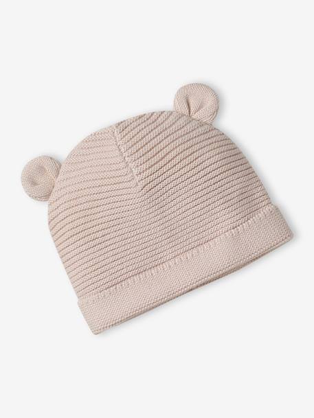 Set of beanie, mittens and slippers in organic cotton and its customisable pouch ecru+marl beige+rose - vertbaudet enfant 