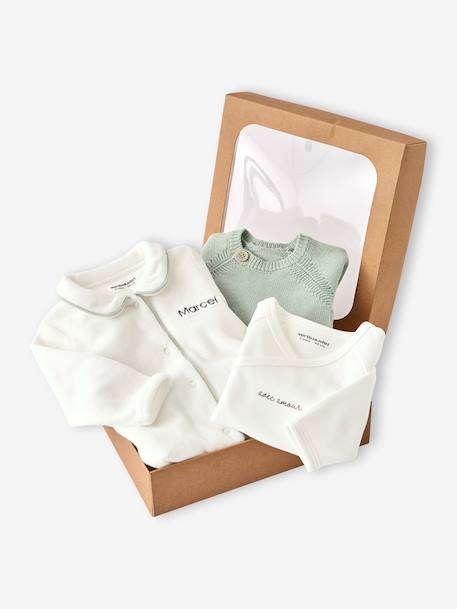 Set of 3 Plain Knit Items for Newborns: Cardigan + Sleepsuit + Bodysuit sage green - vertbaudet enfant 