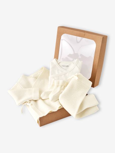 Set of 4 Plain Knit Items for Newborns: Cardigan + Trousers + Booties + Bodysuit ecru - vertbaudet enfant 