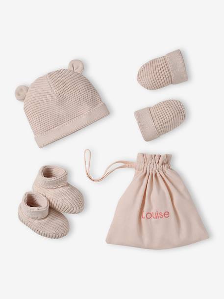 Set of beanie, mittens and slippers in organic cotton and its customisable pouch ecru+marl beige+rose - vertbaudet enfant 