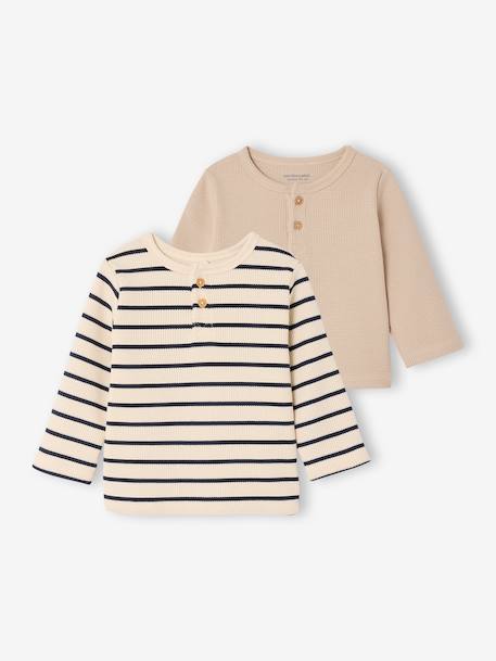 Pack of 2 long-sleeved honeycomb t-shirts for babies striped navy blue - vertbaudet enfant 