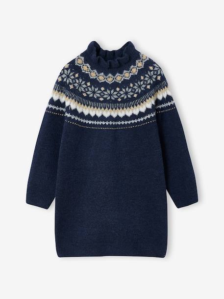 Knitted Jacquard Dress for Girls ecru+navy blue - vertbaudet enfant 