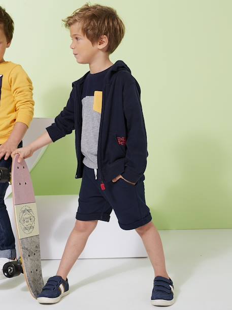 Bermuda garçon en molleton bleu chambray+kaki+marine grisé+noix de pécan - vertbaudet enfant 