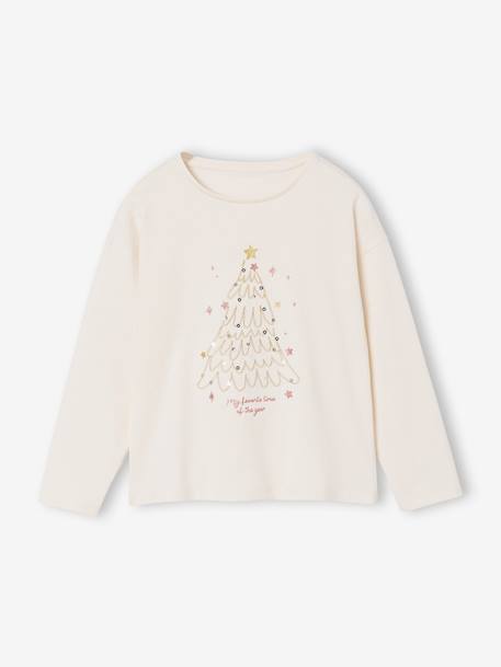 Christmas T-Shirt with Shiny Christmas Tree Motif & Long Sleeves ecru - vertbaudet enfant 