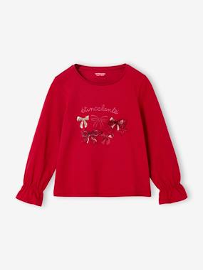Tee-shirt fille noël noeud et détails glitter manches longues - vertbaudet enfant Fille-T-shirt, sous-pull-T-shirt-Tee-shirt fille noël noeud et détails glitter manches longues