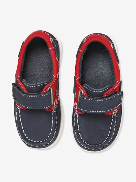 Leather Boat Shoes, for Babies BLUE DARK SOLID WITH DESIGN - vertbaudet enfant 