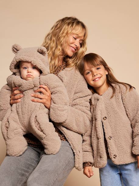 Sherpa Jacket with Leopard-Print Lining, Mother-Daughter Capsule Collection, ENVIE DE FRAISE taupe - vertbaudet enfant 