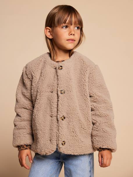 Sherpa Jacket with Leopard-Print Lining, Mother-Daughter Capsule Collection, ENVIE DE FRAISE taupe - vertbaudet enfant 