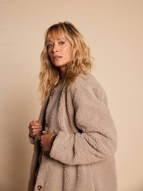Sherpa jacket with leopard lining for women, mother-daughter capsule collection by ENVIE DE FRAISE taupe - vertbaudet enfant 