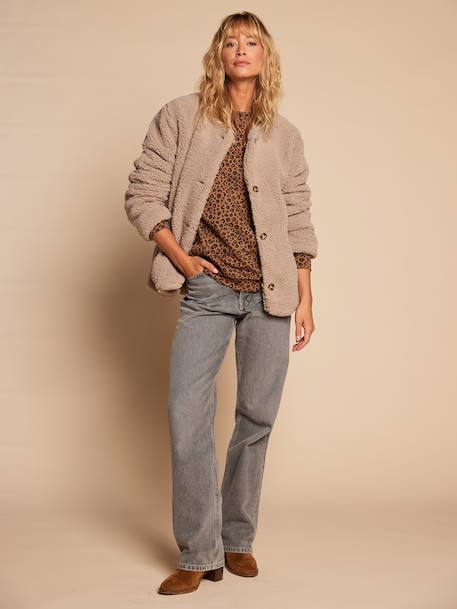 Sherpa jacket with leopard lining for women, mother-daughter capsule collection by ENVIE DE FRAISE taupe - vertbaudet enfant 