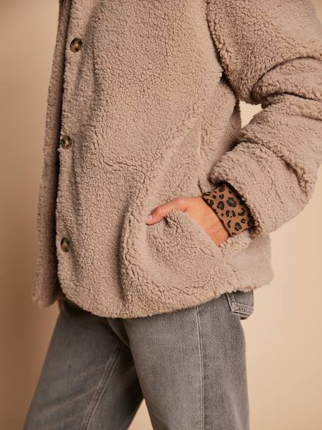 Sherpa jacket with leopard lining for women, mother-daughter capsule collection by ENVIE DE FRAISE taupe - vertbaudet enfant 