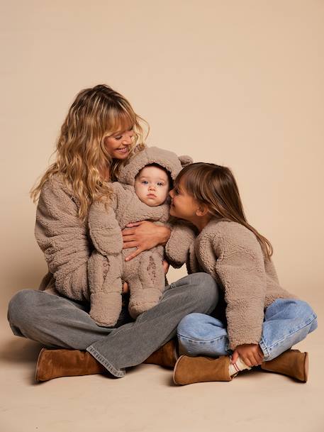 Sherpa jacket with leopard lining for women, mother-daughter capsule collection by ENVIE DE FRAISE taupe - vertbaudet enfant 