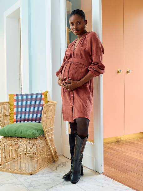 Robe courte en gaze de coton grossesse et allaitement bois de rose+noir - vertbaudet enfant 