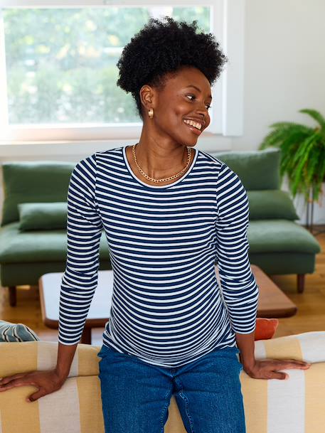 Long-Sleeved Maternity Top navy blue+White Stripes - vertbaudet enfant 