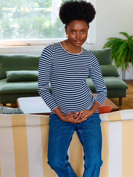 Long-Sleeved Maternity Top navy blue+White Stripes - vertbaudet enfant 