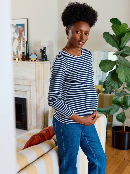 Long-Sleeved Maternity Top navy blue+White Stripes - vertbaudet enfant 