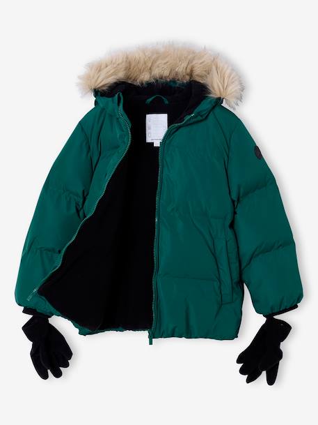 Doudoune garçon à capuche doublée polaire avec moufles ou gants ambre+vert sapin - vertbaudet enfant 