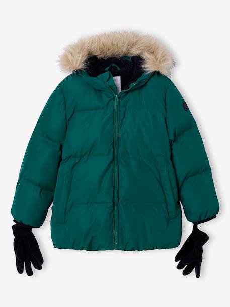 Doudoune garçon à capuche doublée polaire avec moufles ou gants ambre+vert sapin - vertbaudet enfant 