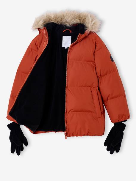 Fleece-Lined Lightweight Jacket, with Mittens or Gloves amber+fir green - vertbaudet enfant 