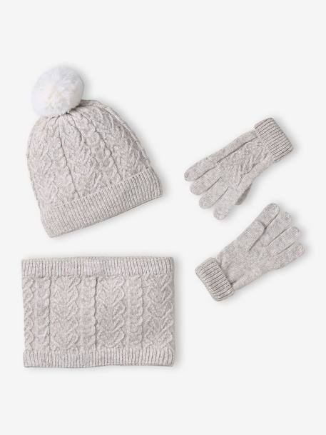 Christmas Cable Knit Set: Beanie + Snood + Mittens/Gloves for Girls marl beige - vertbaudet enfant 