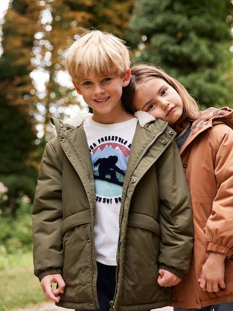 Parka garçon à capuche doublure sherpa kaki+noir - vertbaudet enfant 
