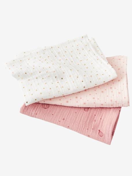 Pack of 3 Muslin Squares in Cotton Gauze Pink/Print - vertbaudet enfant 