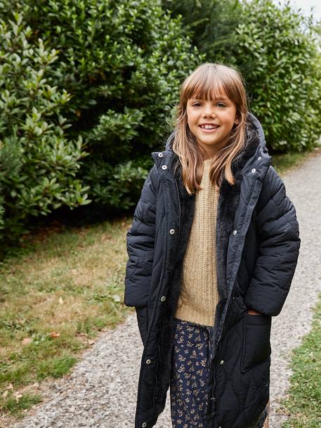 Long Lightweight Jacket with Hood & Faux Fur Lining, for Girls black - vertbaudet enfant 