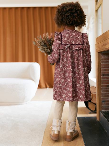 Dress in floral print flannel for girls plum - vertbaudet enfant 