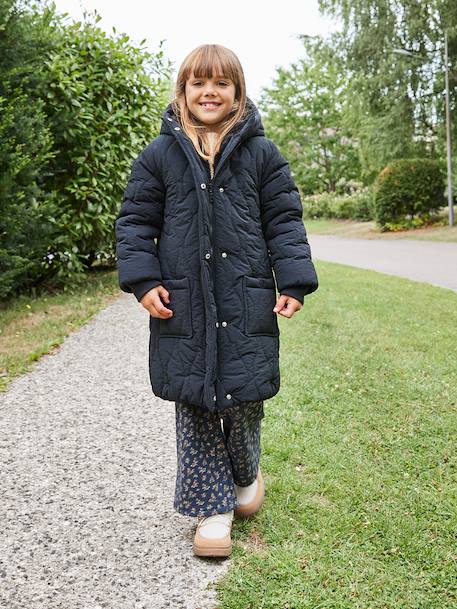 Doudoune fille longue à capuche doublée imitation fourrure noir - vertbaudet enfant 