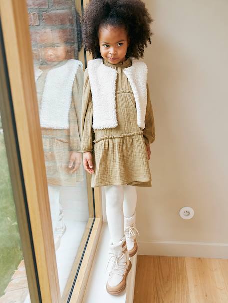 Set of 3 dress + sherpa cardigan + girls tights olive - vertbaudet enfant 