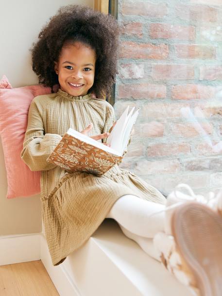 Set of 3 dress + sherpa cardigan + girls tights olive - vertbaudet enfant 