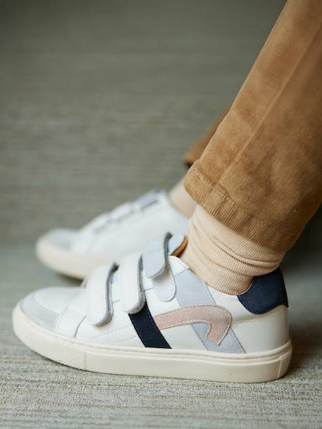 Trainers with Leather Hook-&-Loop Straps for Children ecru+set white - vertbaudet enfant 