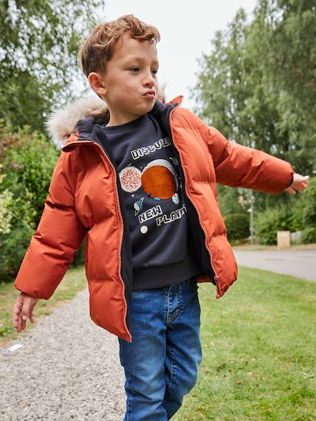 Doudoune garçon à capuche doublée polaire avec moufles ou gants ambre+vert sapin - vertbaudet enfant 