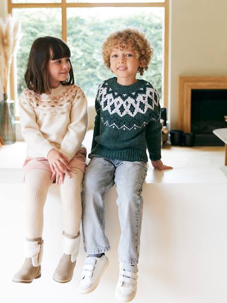 Jacquard Knit Jumper, Round Neckline, for Boys green+slate blue - vertbaudet enfant 