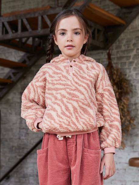 Sweat fille à capuche en sherpa écru+rose poudré - vertbaudet enfant 