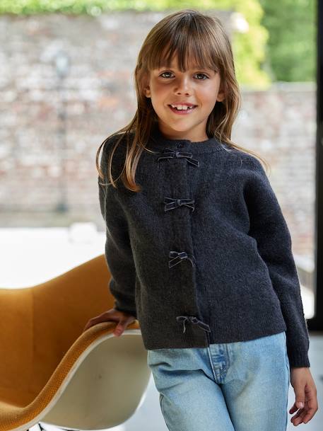 Girl's fancy cardigan with velvet bow anthracite+rosy - vertbaudet enfant 