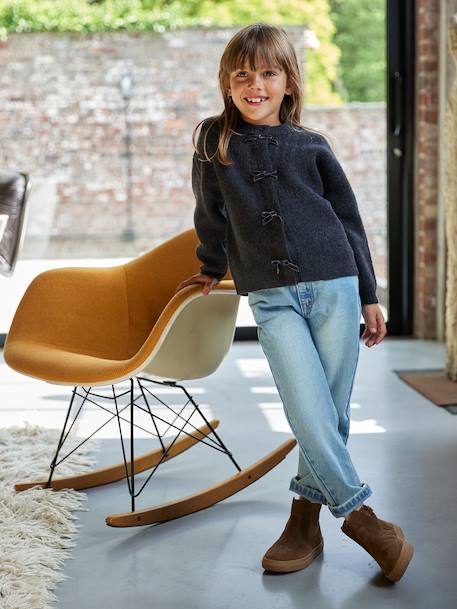 Girl's fancy cardigan with velvet bow anthracite+rosy - vertbaudet enfant 