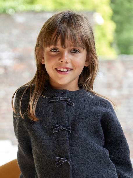 Girl's fancy cardigan with velvet bow anthracite+rosy - vertbaudet enfant 