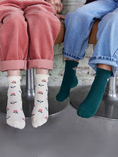 Pack of 5 Pairs of Floral Socks for Girls ecru - vertbaudet enfant 