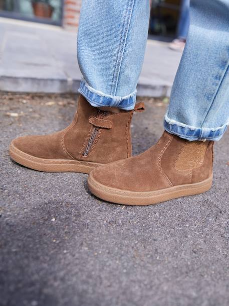 Leather Boots with Elastic & Zip, for Girls camel+gold+navy blue - vertbaudet enfant 