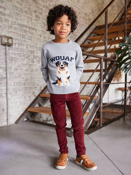 Slim Leg Corduroy Trousers for Boys bordeaux red+Tan - vertbaudet enfant 