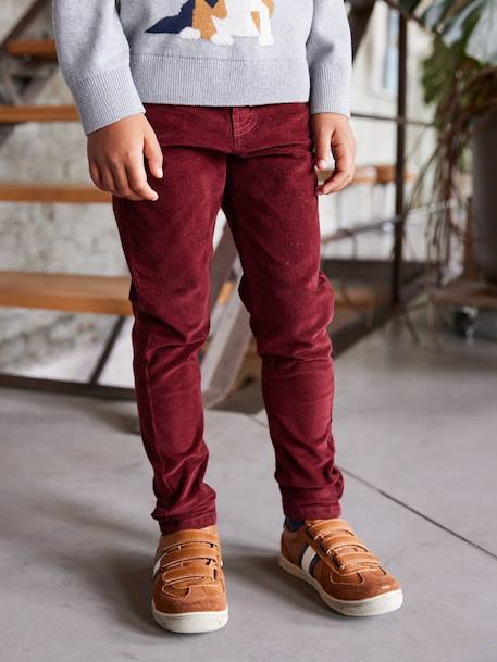 Slim Leg Corduroy Trousers for Boys bordeaux red+Tan - vertbaudet enfant 