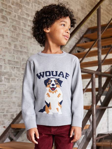 Round Neckline Jumper with Dog Motif marl grey - vertbaudet enfant 